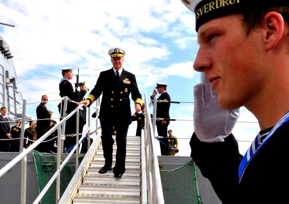US Navy 100816-N-8273J-107 Chief of Naval Operations (CNO) Adm. Gary Roughead departs HNoMS Otto Svedrup (F 312) during a visit to Haakonsvern Naval Base in Bergen, Norway