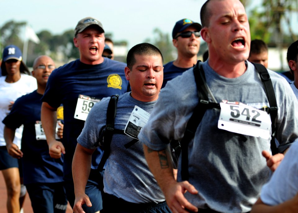 US Navy 100818-N-2055M-122 Chief selectees from Guided Missile Cruiser Squadron and Afloat Training Group San Diego sing cadence during a 5-kilometer run during Surface Line Week 2010 at Naval Base San Diego