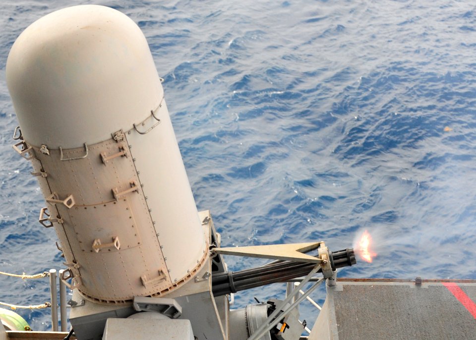 US Navy 100815-N-5838W-040 USS Enterprise (CVN 65) test-fires the close-in weapons system during a pre-action aim calibration fire