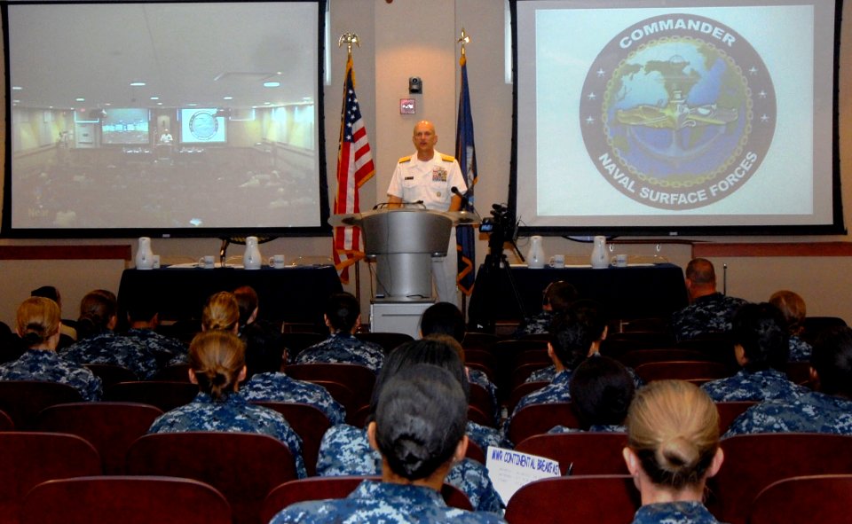 US Navy 100818-N-5292M-003 Rear Adm. David M. Thomas, Jr. gave opening remarks to Sailors and civilians attending the 2010 Surface Force Women's Waterfront Symposium