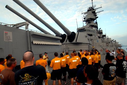 US Navy 100816-N-6676S-011 Chief petty officer (CPO) selectees from local commands listen to a tour guide explain the history of the Battleship Wisconsin