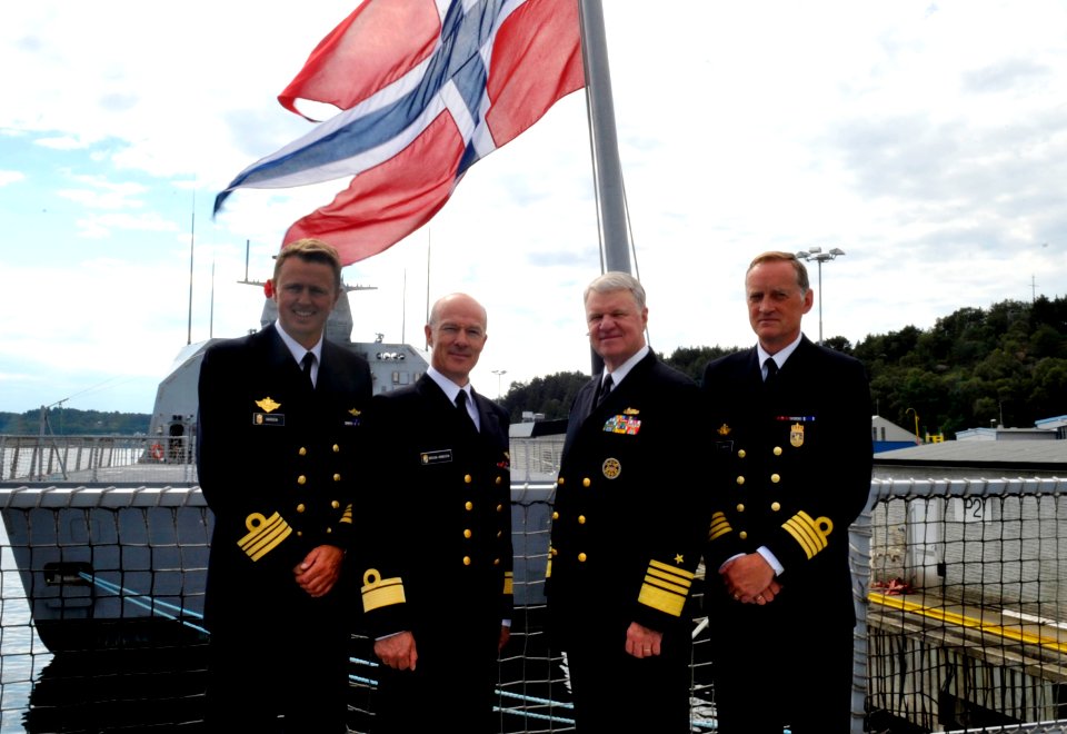 US Navy 100816-N-8273J-095 Chief of Naval Operations (CNO) Adm. Gary Roughead stands with Chief of the Royal Norwegian Navy Rear Adm. Haakon Bruun-Hanssen and other senior leadership aboard HNoMS Otto Sverdrup (F 312)
