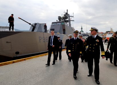 US Navy 100816-N-8273J-150 Chief of Naval Operations (CNO) Adm. Gary Roughead walks with Chief of the Royal Norwegian Navy Rear Adm. Haakon Bruun-Hanssen in Bergen photo