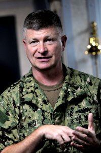 US Navy 100816-N-9818V-320 Master Chief Petty Officer of the Navy (MCPON) Rick West speaks with chief petty officers aboard USS Chafee (DDG 90) photo