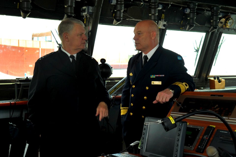 US Navy 100819-N-8273J-081 Chief of Naval Operations (CNO) Adm. Gary Roughead, left, speaks with Rear Adm. Anders Grenstad, Chief of Staff of the Royal Swedish Navy