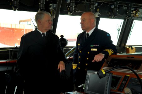 US Navy 100819-N-8273J-081 Chief of Naval Operations (CNO) Adm. Gary Roughead, left, speaks with Rear Adm. Anders Grenstad, Chief of Staff of the Royal Swedish Navy photo