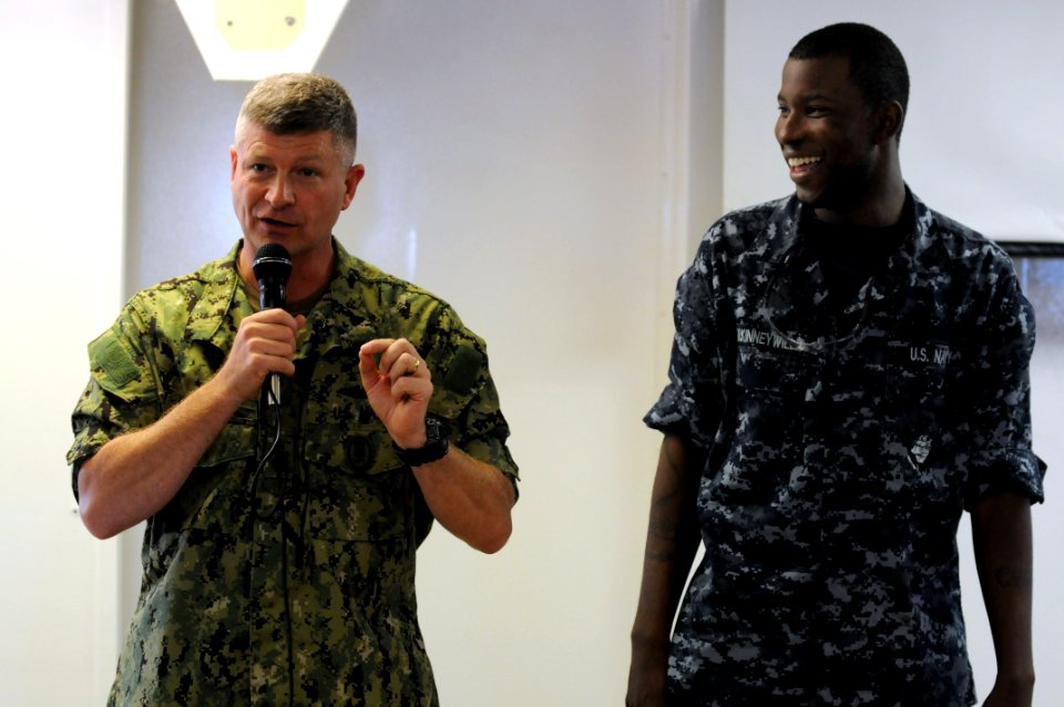 US Navy 100816-N-9818V-398 Master Chief Petty Officer of the Navy (MCPON) Rick West holds an all-hands call with the crew of USS Chafee (DDG 90)