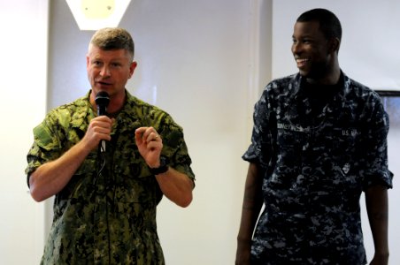 US Navy 100816-N-9818V-398 Master Chief Petty Officer of the Navy (MCPON) Rick West holds an all-hands call with the crew of USS Chafee (DDG 90)