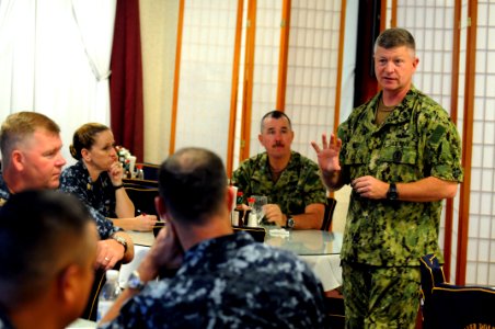 US Navy 100817-N-9818V-079 Master Chief Petty Officer of the Navy (MCPON) Rick West meets with command master chiefs for breakfast at the Silver Dolphin Bistro during his visit to Naval Station Pearl Harbor photo