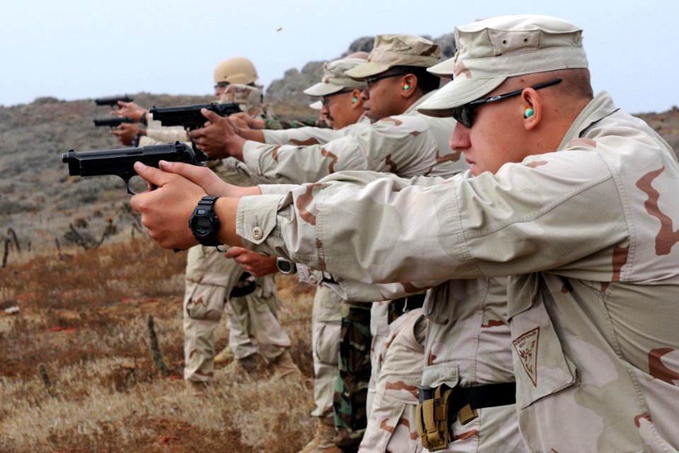 US Navy 100817-N-9123L-021 Reserve Component Sailors assigned to Maritime Expeditionary Security Squadron (MSRON) 1 fire 9mm pistols
