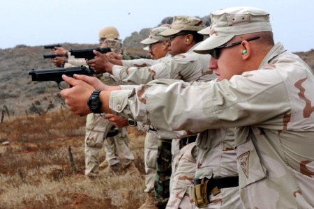 US Navy 100817-N-9123L-021 Reserve Component Sailors assigned to Maritime Expeditionary Security Squadron (MSRON) 1 fire 9mm pistols