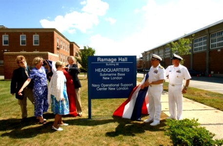 US Navy 100820-N-5188B-030 Alfred Ramage, left, Virginia Ann Ramage-Ross, Dr. Joan Ramage-Mitchell and James L. Ramage stand with Capt. Marc Denno and Command Master Chief Ray Powell unveil the Ramage Hall sign at Submarine Bas