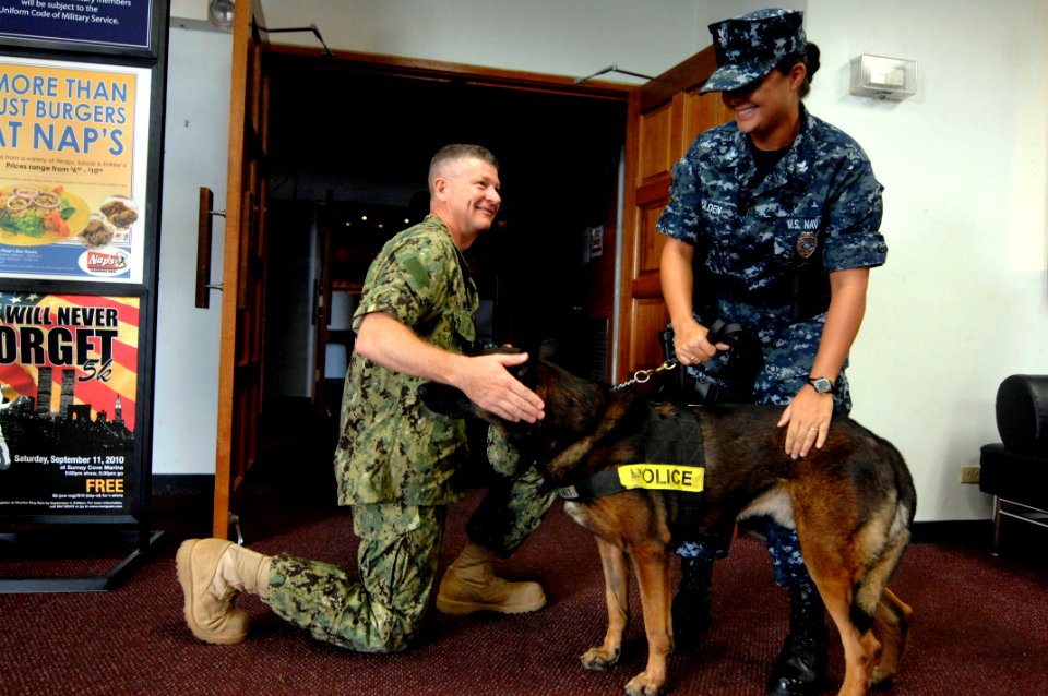 US Navy 100820-N-9818V-122 Master Chief Petty Officer of the Navy (MCPON) Rick West meets Master-at-Arms 2nd Class Shannon Golden, assigned to the security department of Naval Base Guam
