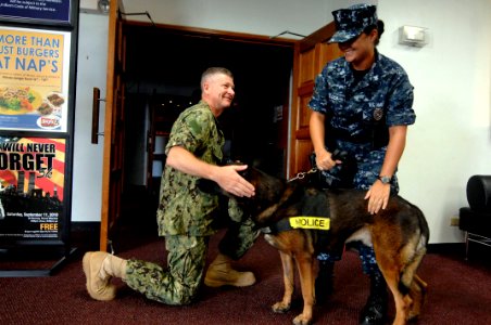 US Navy 100820-N-9818V-122 Master Chief Petty Officer of the Navy (MCPON) Rick West meets Master-at-Arms 2nd Class Shannon Golden, assigned to the security department of Naval Base Guam
