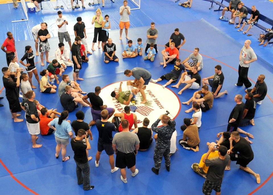 US Navy 100819-N-5538K-002 Ultimate Fighting Championship fighters Rich Franklin and Joe Stevenson demonstrate grappling techniques during a mixed martial arts training clinic at the Fleet Fitness Complex at Fleet Activities Sa