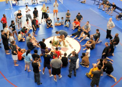 US Navy 100819-N-5538K-002 Ultimate Fighting Championship fighters Rich Franklin and Joe Stevenson demonstrate grappling techniques during a mixed martial arts training clinic at the Fleet Fitness Complex at Fleet Activities Sa