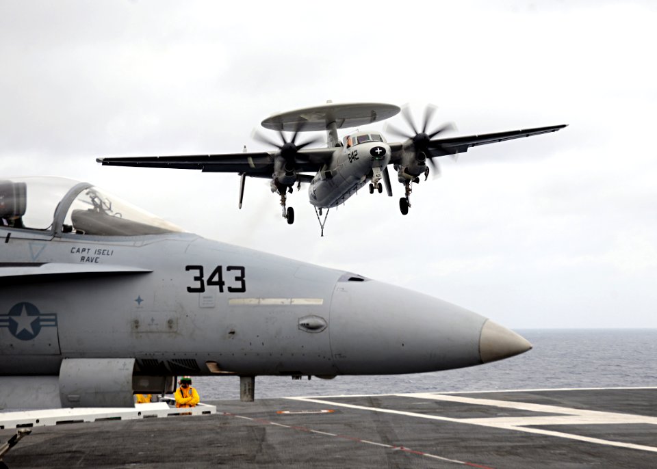 US Navy 100822-N-3885H-044 An E-2C Hawkeye lands aboard USS George H.W. Bush (CVN 77)