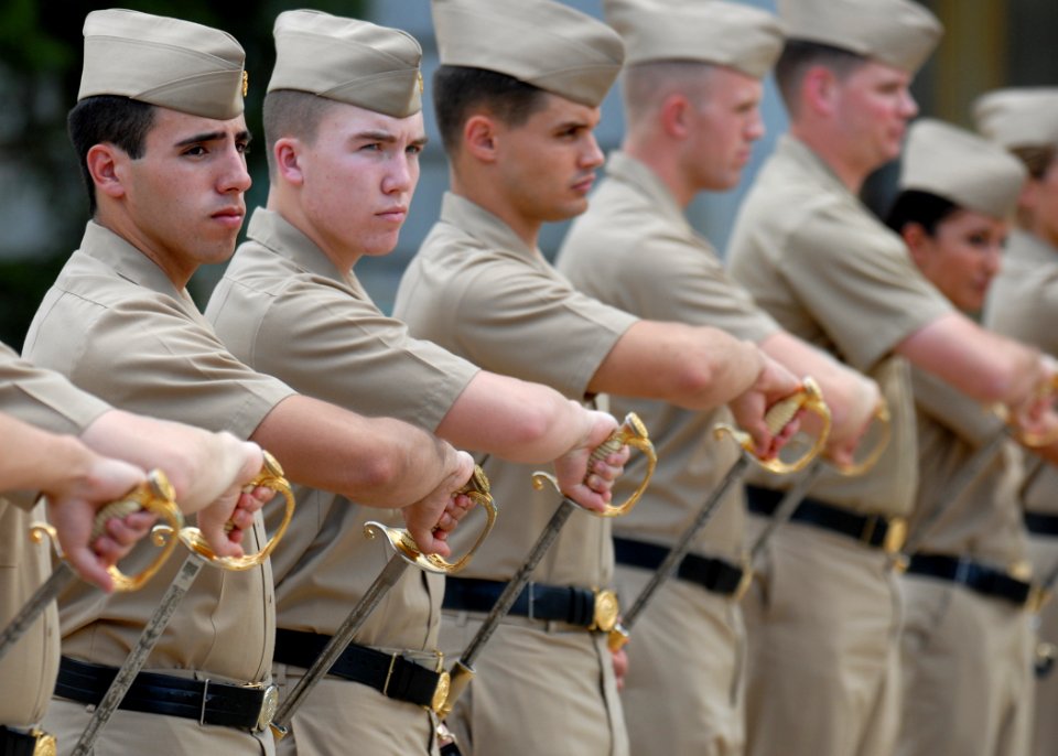 US Navy 100823-N-3857R-014 U.S. Naval Academy Midshipmen stripers receive drill instruction in Techumseh Court on the school's campus