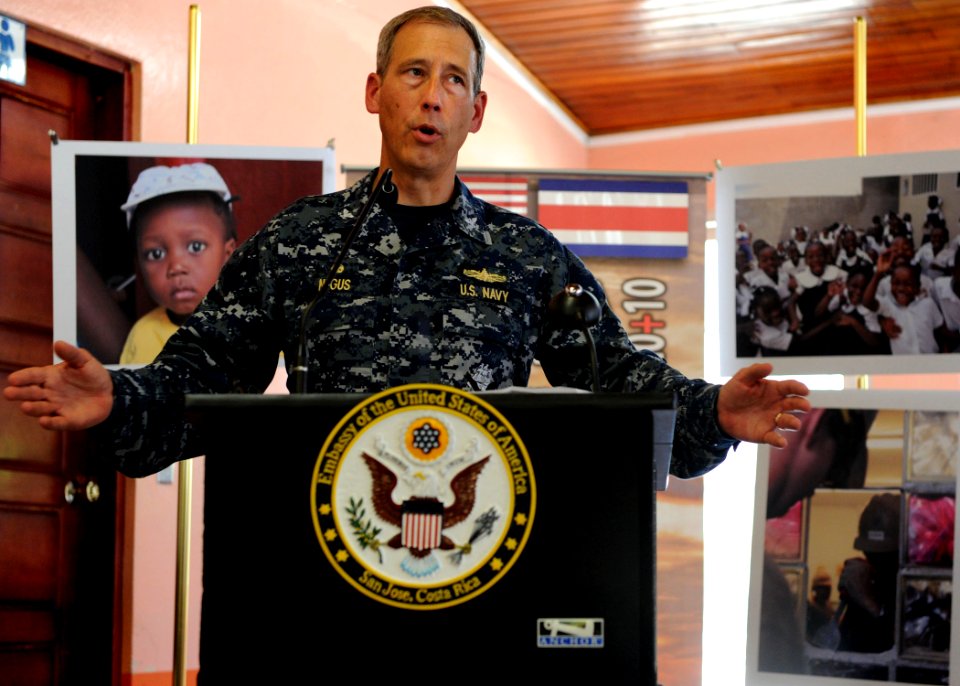 US Navy 100821-N-4153W-246 Capt. Thomas Negus, commodore of Continuing Promise 2010, delivers remarks during the opening ceremony of the Costa Rica phase of Continuing Promise 2010