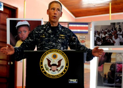 US Navy 100821-N-4153W-246 Capt. Thomas Negus, commodore of Continuing Promise 2010, delivers remarks during the opening ceremony of the Costa Rica phase of Continuing Promise 2010 photo