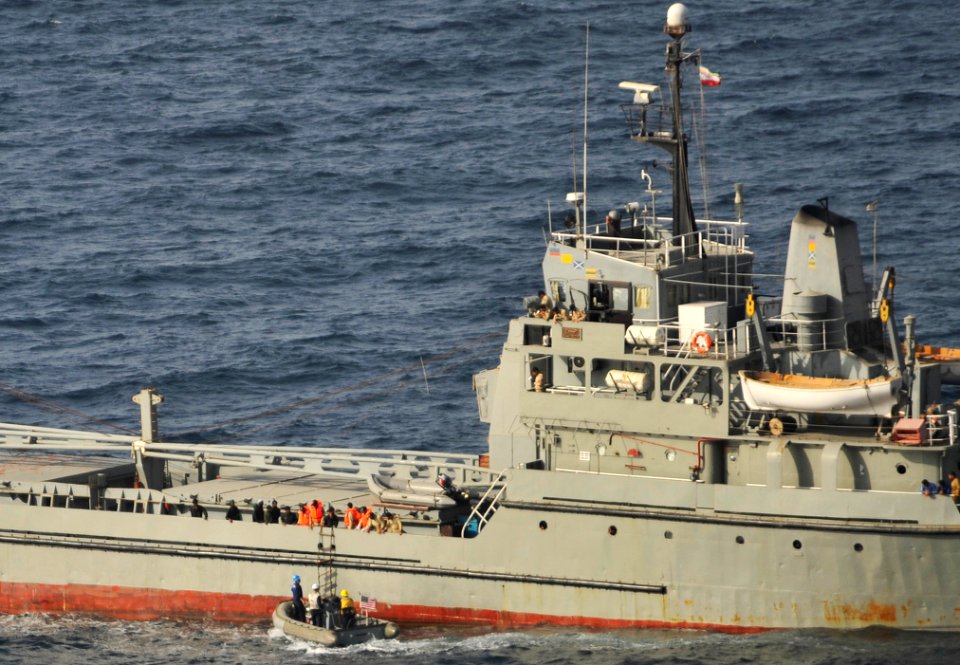 US Navy 100820-N-6003P-646 Eight mariners board the Iranian navy ship Chiroo from a rigid-hull inflatable boat from the aircraft carrier USS Harry S. Truman (CVN 75)