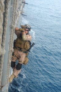 US Navy 100821-N-6463B-253 U.S. Coast Guard Boatswain's Mate 1st Class Jon Tatroe climbs a caving ladder during a mock boarding operation in the Red Sea photo