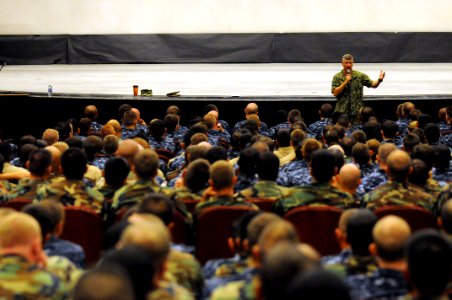 US Navy 100820-N-9818V-232 Master Chief Petty Officer of the Navy (MCPON) Rick West takes questions during an all-hands call photo