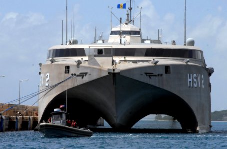 US Navy 100824-N-4971L-076 High Speed Vessel Swift (HSV 2) demonstrates small boat operations and navigation for Barbados Defense Forces during a subject matter expert exchange photo