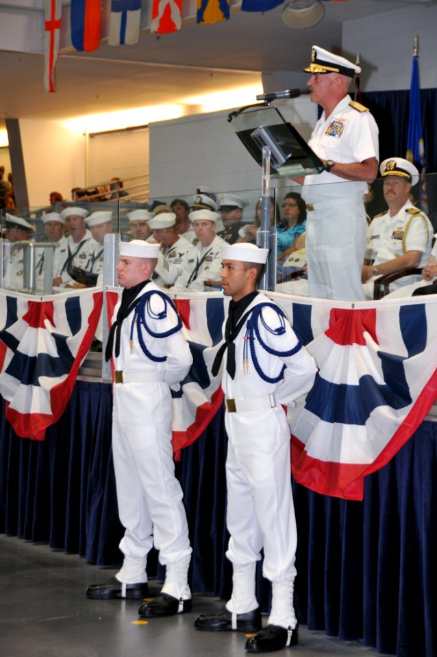 US Navy 100820-N-8848T-155 Rear Adm. Joseph F. Kilkenny speaks to recruits and family members as the reviewing officer at the Pass In Review graduation ceremony at Recruit Training Command in Great Lakes, Ill