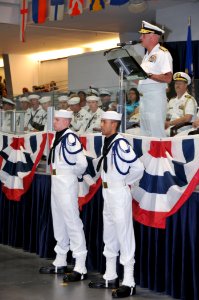 US Navy 100820-N-8848T-155 Rear Adm. Joseph F. Kilkenny speaks to recruits and family members as the reviewing officer at the Pass In Review graduation ceremony at Recruit Training Command in Great Lakes, Ill