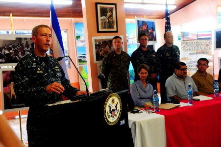 US Navy 100821-N-1531D-232 Capt. Thomas Negus, commodore of Continuing Promise 2010 delivers remarks during the opening ceremony of the Costa Rica phase of Continuing Promise 2010 photo