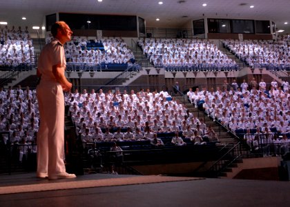US Navy 100823-N-3857R-002 Vice Adm. Mike Miller addresses the Brigade of Midshipmen at a Superintendent's call in Alumni Hall on the campus of the U.S. Naval Academy