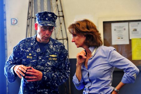 US Navy 100821-N-1531D-011 Capt. Thomas Negus, commodore of Continuing Promise 2010, speaks with U.S. Ambassador to Costa Rica Anne Andrews during a tour of the multipurpose amphibious assault ship USS Iwo Jima (LHD 7) photo