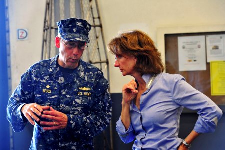 US Navy 100821-N-1531D-011 Capt. Thomas Negus, commodore of Continuing Promise 2010, speaks with U.S. Ambassador to Costa Rica Anne Andrews during a tour of the multipurpose amphibious assault ship USS Iwo Jima (LHD 7)