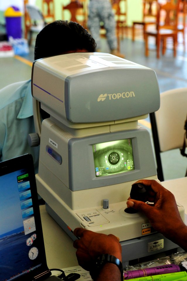 US Navy 100825-N-1531D-023 A Costa Rican man receives an eye scan from a health care professional embarked aboard the multipurpose amphibious assault ship USS Iwo Jima (LHD 7) during a Continuing Promise 2010 medical civic acti