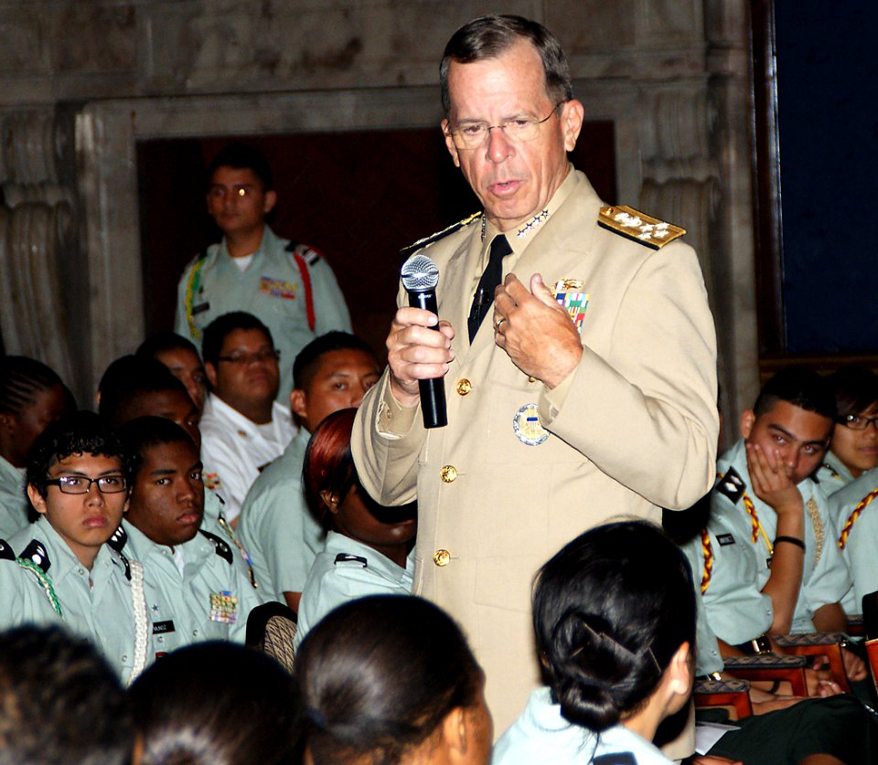 US Navy 100825-N-3135G-003 Adm. Mike Mullen, chairman of the Joint Chiefs of Staff, addresses questions of leadership style from Junior ROTC students who attend Chicago Public Schools during the Hyman G. Rickover Leadership Ser