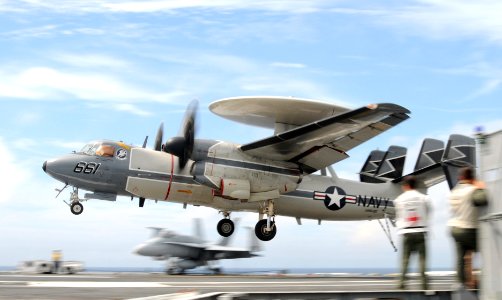 US Navy 100822-N-6632S-344 An E-2C Hawkeye assigned to Carrier Airborne Early Warning Squadron (VAW) 120 lands aboard the aircraft carrier USS George H.W. Bush (CVN 77)