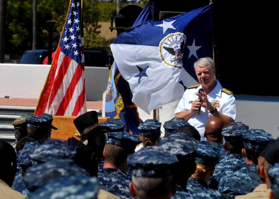 US Navy 100826-N-3548M-129 Chief of Naval Operations (CNO) Adm. Gary Roughead delivers remarks and answers questions during an all-hands call at Roncador Submarine Memorial at Naval Base Point Loma