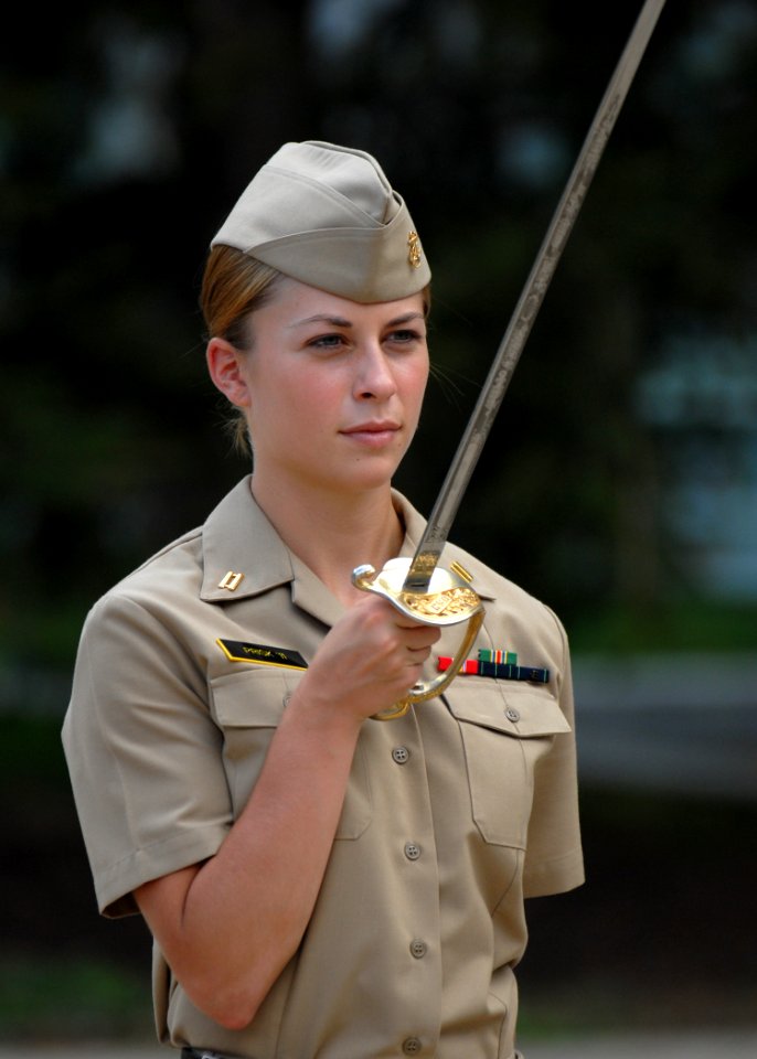 US Navy 100823-N-3857R-020 U.S. Naval Academy Midshipman 1st Class Anne Prisk and other stripers receive drill instruction in Techumseh Court on the school's campus
