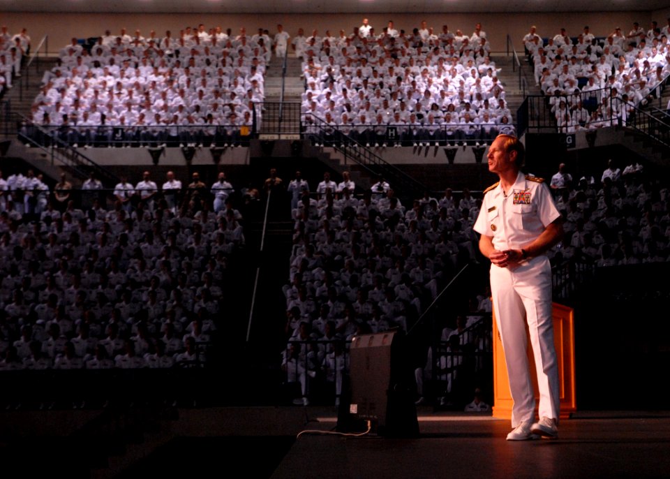 US Navy 100823-N-3857R-004 Vice Adm. Mike Miller addresses the Brigade of Midshipmen at a Superintendent's call in Alumni Hall on the campus of the U.S. Naval Academy