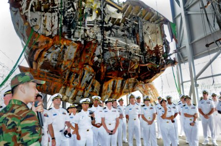 US Navy 100826-N-7478G-231 Officers assigned to USS Blue Ridge (LCC 19) examine the damage to ROKS Cheonan (PCC 772)