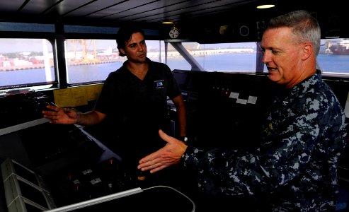 US Navy 100824-N-9643W-313 Capt. Michael Jacobsen tours the bridge of High Speed Vessel Swift in Barbados photo