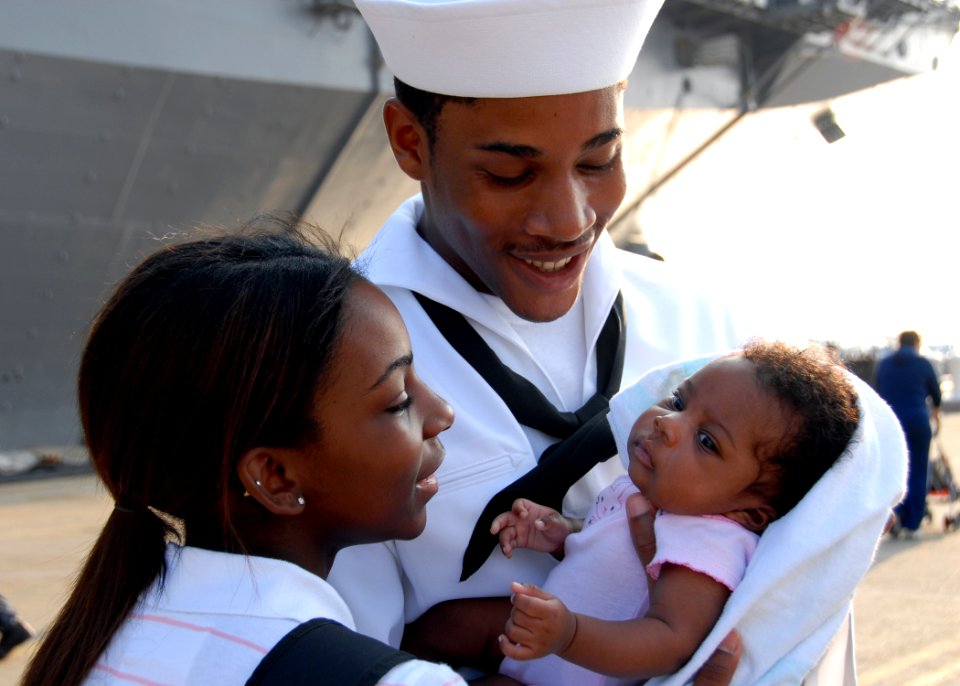 US Navy 100827-N-6764G-056 Operations Specialist 2nd Class Edward Earskin, assigned to the amphibious assault ship USS Kearsarge (LHD 3), spends time with his family as the ship prepares to depart Naval Station Norfolk