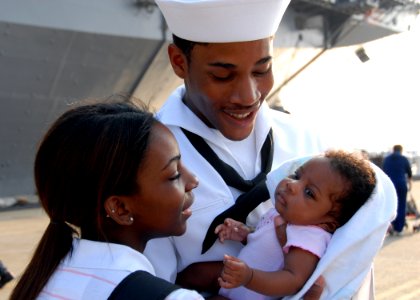 US Navy 100827-N-6764G-056 Operations Specialist 2nd Class Edward Earskin, assigned to the amphibious assault ship USS Kearsarge (LHD 3), spends time with his family as the ship prepares to depart Naval Station Norfolk