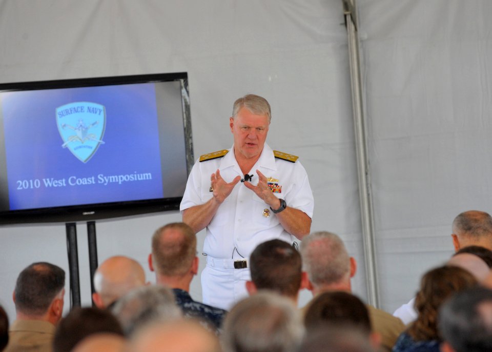US Navy 100826-N-3548M-337 Chief of Naval Operations (CNO) Adm. Gary Roughead delivers remarks and answers questions at the 2010 West Coast Surface Navy Association at Naval Base San Diego