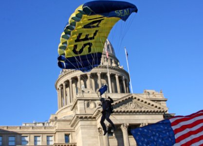 US Navy 100825-N-0000X-226 Members of the U.S. Navy parachute demonstration team, the Leap Frogs, parachute in front of the Idaho State capitol building during Boise Navy Week, one of 20 Navy Weeks planned across America for 20 photo