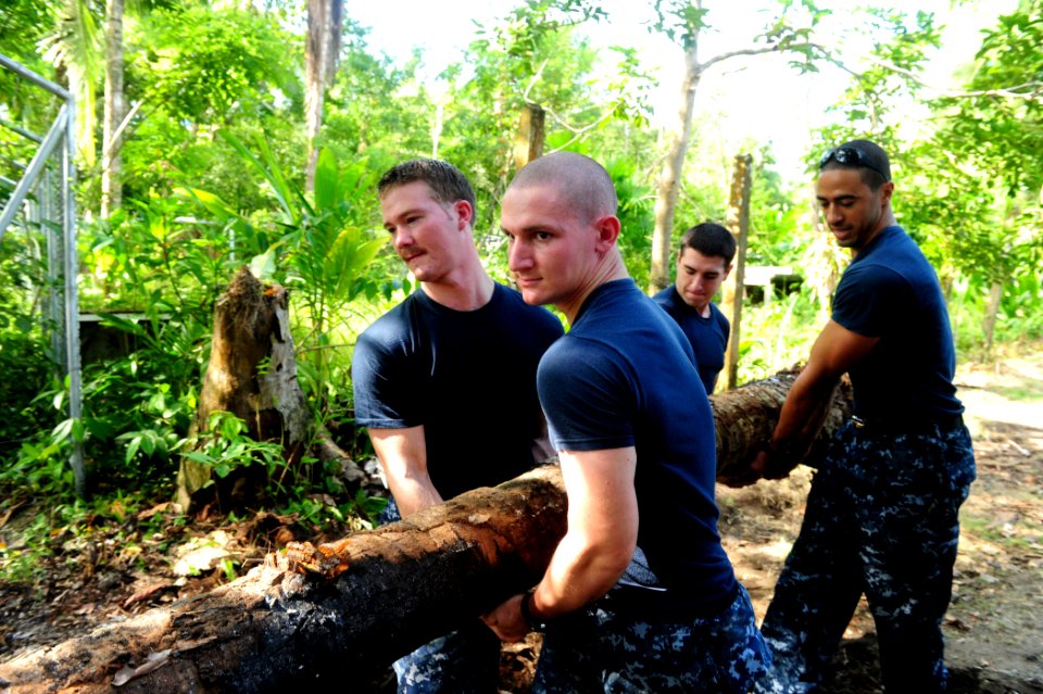 US Navy 100827-N-1531D-110 Sailors a move a fallen tree away from a local school during a community relations project in Limon, Costa Rica