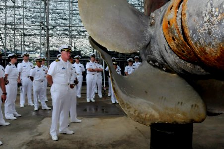 US Navy 100826-N-7478G-235 Capt. Rudy Lupton examines the bent propellor of ROKS Cheonan (PCC 772)