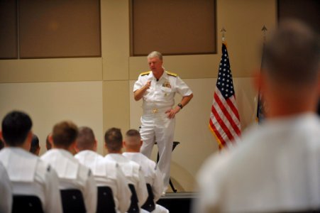 US Navy 100825-N-3548M-137 Chief of Naval Operations (CNO) Adm. Gary Roughead speaks with Sailors and answers their questions while visiting Buckley Air Force Base in Colorado photo