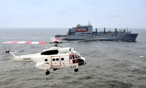 US Navy 100830-N-4378P-203 Puma helicopter assigned to the Military Sealift Command dry cargo and ammunition ship USNS Lewis and Clark (T-AKE 1)